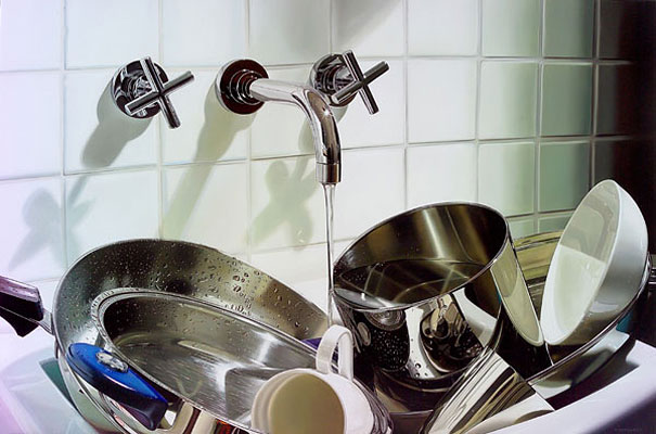 Hyper-realistic artwork of dishes in a sink, showcasing a lifelike reflection and water flow in a kitchen setting. Hyper-realistic artwork of dishes in a sink, showcasing a lifelike reflection and water flow in a kitchen setting.