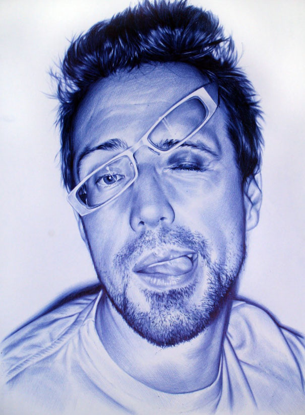 Hyper-realistic artwork of a man with glasses, winking and sticking out tongue, drawn with impressive detail. Hyper-realistic artwork of a man with glasses, winking and sticking out tongue, drawn with impressive detail.