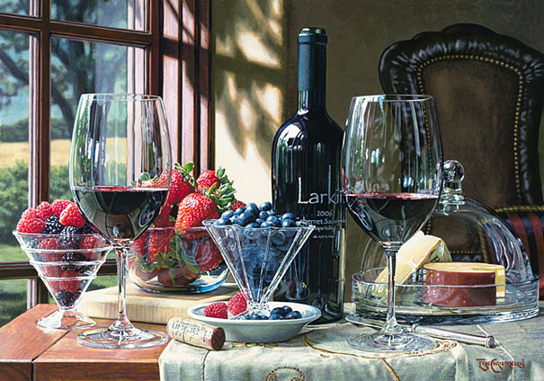 Hyper-realistic artwork of a wine bottle, glasses, and berries on a table, resembling a photo. Hyper-realistic artwork of a wine bottle, glasses, and berries on a table, resembling a photo.