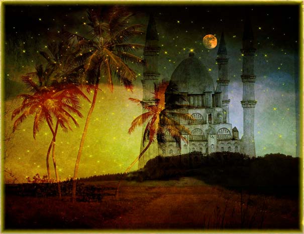 Surreal nighttime scene with palm trees and a mosque under a starry sky, evoking mysterious facts about dreams. Surreal nighttime scene with palm trees and a mosque under a starry sky, evoking mysterious facts about dreams.