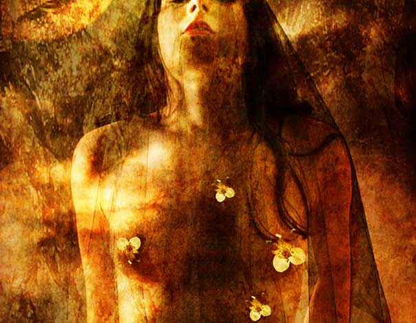 Surreal image of a woman with dark hair and flowers on her body, representing mysterious and intriguing facts about dreams.