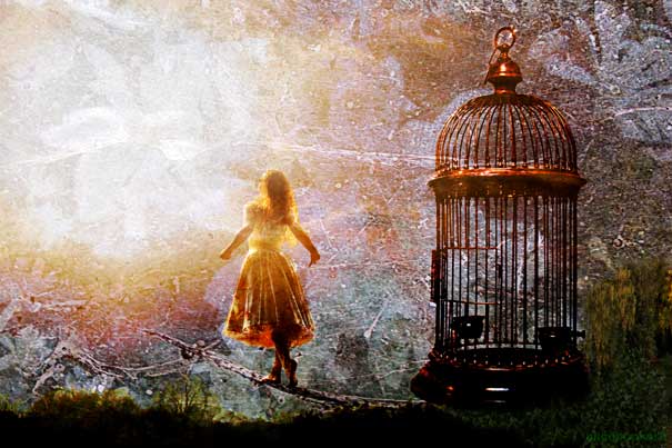 Woman walking on a rope toward a glowing light and an open birdcage, representing surreal elements of dreams.