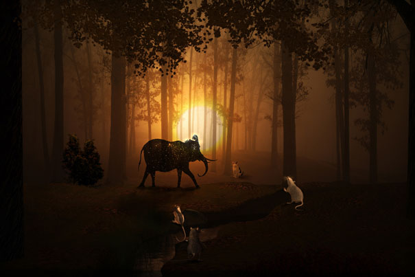 Elephant and mice in a mystical forest at sunset symbolizing the mysterious world of dreams and dream interpretation.