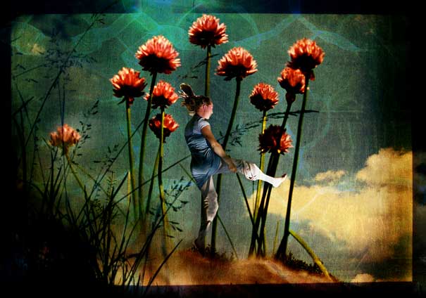 Girl in a blue dress surrounded by tall red flowers in a surreal scene illustrating interesting facts about dreams. Girl in a blue dress surrounded by tall red flowers in a surreal scene illustrating interesting facts about dreams.