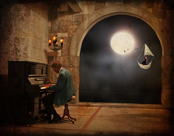 Man playing piano in a surreal room with a person sailing past a large moon, illustrating interesting facts about dreams. Man playing piano in a surreal room with a person sailing past a large moon, illustrating interesting facts about dreams.