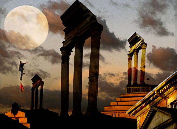 Person climbing pillars toward a large full moon in a surreal dreamscape illustrating interesting facts about dreams.