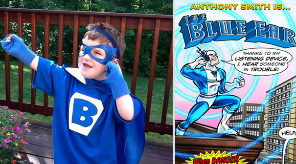 Child dressed as superhero in blue costume next to comic book cover featuring "The Blue Ear," embodying happiness and imagination. Child dressed as superhero in blue costume next to comic book cover featuring "The Blue Ear," embodying happiness and imagination.
