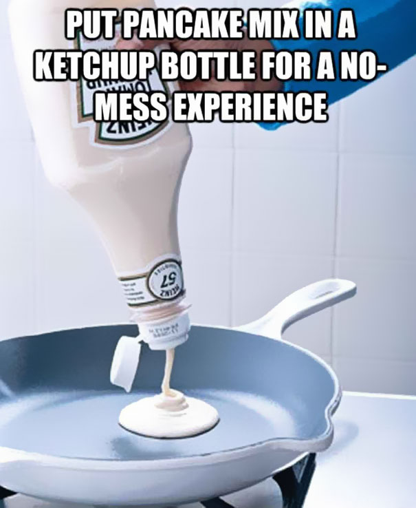 Person putting pancake batter from a ketchup bottle Person putting pancake batter from a ketchup bottle