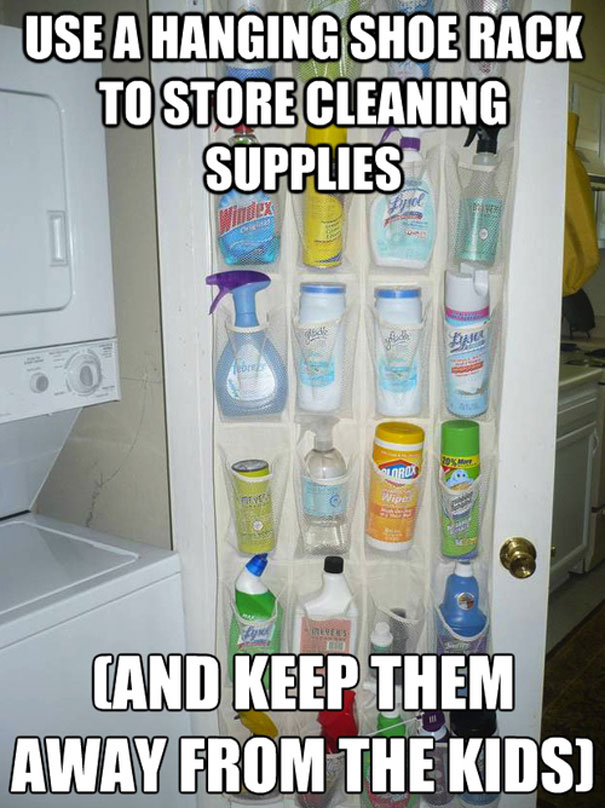 Cleaning supplies sorted out in a door pantry 