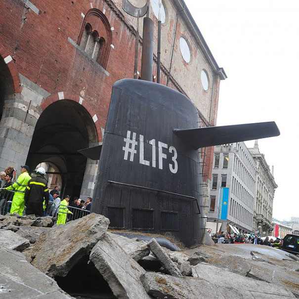 Submarine Crashes Through Streets Of Milan In Creative Publicity Stunt Submarine Crashes Through Streets Of Milan In Creative Publicity Stunt