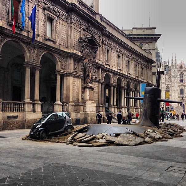Submarine Crashes Through Streets Of Milan In Creative Publicity Stunt Submarine Crashes Through Streets Of Milan In Creative Publicity Stunt