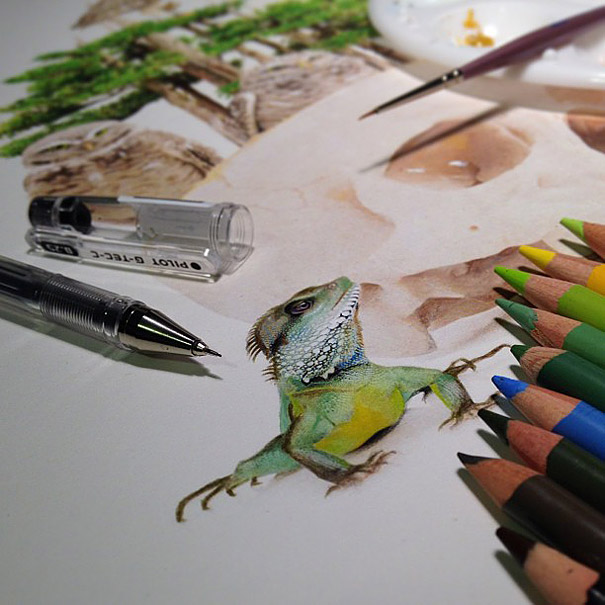 Artist Reveals Her Mixed Media Tools By Placing Them Next To Her Drawings