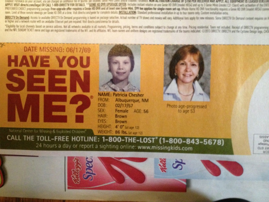 Missing person flyer for Patricia Chesher, with age-progressed image to 53, highlighting a powerful image of concern. Missing person flyer for Patricia Chesher, with age-progressed image to 53, highlighting a powerful image of concern.