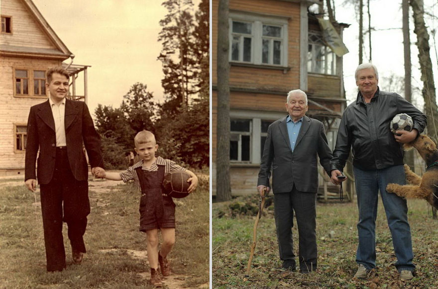 Father and son holding hands in a powerful then-and-now comparison outside the same house. Father and son holding hands in a powerful then-and-now comparison outside the same house.
