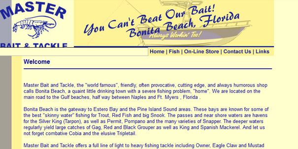 Master Bait and Tackle website with humorous slogan and fishing information.