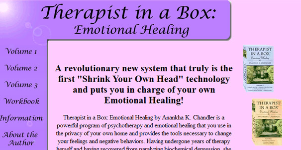 Promotional webpage for "Therapist in a Box," highlighting emotional healing tools and book volumes. Promotional webpage for "Therapist in a Box," highlighting emotional healing tools and book volumes.