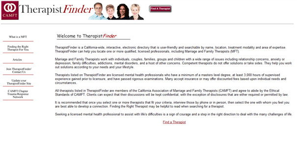 Therapist Finder website homepage with unintentionally inappropriate domain name example. Therapist Finder website homepage with unintentionally inappropriate domain name example.