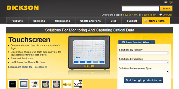 Dickson website homepage showcasing touchscreen for data monitoring, related to inappropriate domain names.
