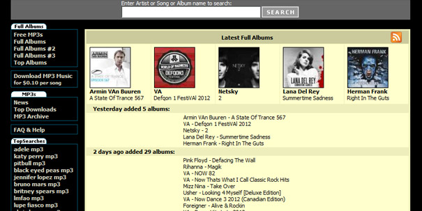 Website featuring unintentionally inappropriate domain names with music album listings on the homepage.