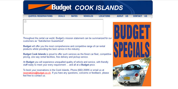 Budget Cook Islands website with car rental options and special offers.