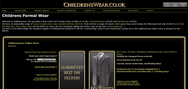 "Website screenshot of Childrenswear offering formal wear for boys, highlighting tuxedos and suits with fast delivery options. "Website screenshot of Childrenswear offering formal wear for boys, highlighting tuxedos and suits with fast delivery options.