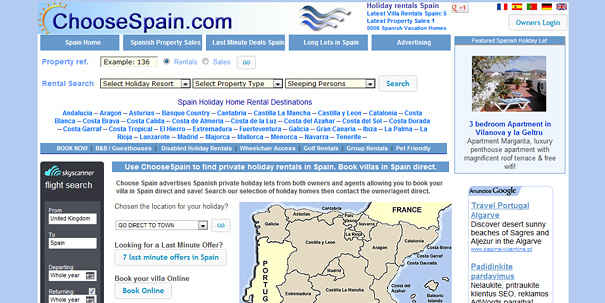Website homepage showcasing holiday rentals in Spain, featuring unintentionally inappropriate domain names.