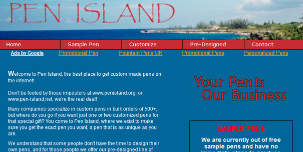 Website screenshot with unintentionally inappropriate domain name, offering custom pen services. Website screenshot with unintentionally inappropriate domain name, offering custom pen services.