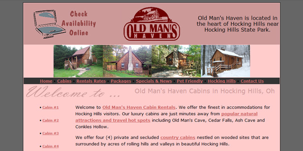 Old Man's Haven cabin rentals site with rustic cabins in Hocking Hills, Ohio, featuring unintentionally inappropriate domain name. Old Man's Haven cabin rentals site with rustic cabins in Hocking Hills, Ohio, featuring unintentionally inappropriate domain name.