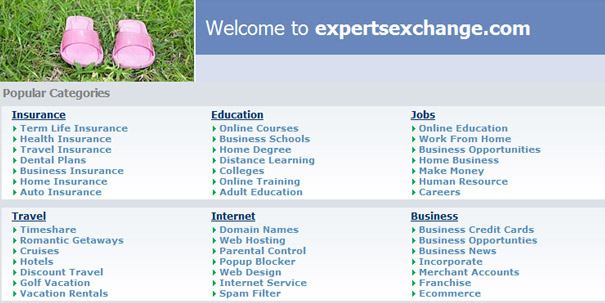 Website interface for Experts Exchange, showing various categories, with an unintentionally inappropriate domain name. Website interface for Experts Exchange, showing various categories, with an unintentionally inappropriate domain name.