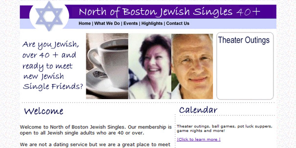 Website banner for North of Boston Jewish Singles 40+ group with images and event details.