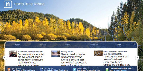 Website screenshot of North Lake Tahoe with scenic forest and event listings, highlighting unintentionally inappropriate domain names.