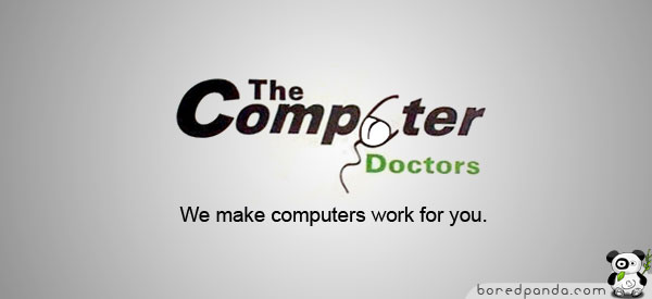 Worst logos concept with "The Computer Doctors" featuring a misplaced element.