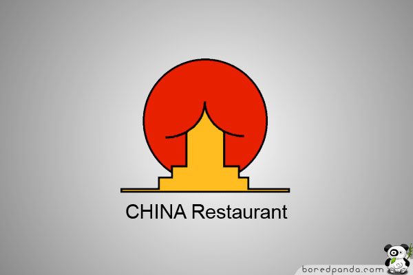 China Restaurant logo with a problematic design combining a red circle and yellow pagoda silhouette. China Restaurant logo with a problematic design combining a red circle and yellow pagoda silhouette.