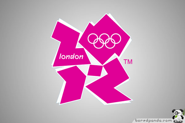Bold pink logo design with abstract shapes and Olympic rings labeled London, featured in worst logos list. Bold pink logo design with abstract shapes and Olympic rings labeled London, featured in worst logos list.
