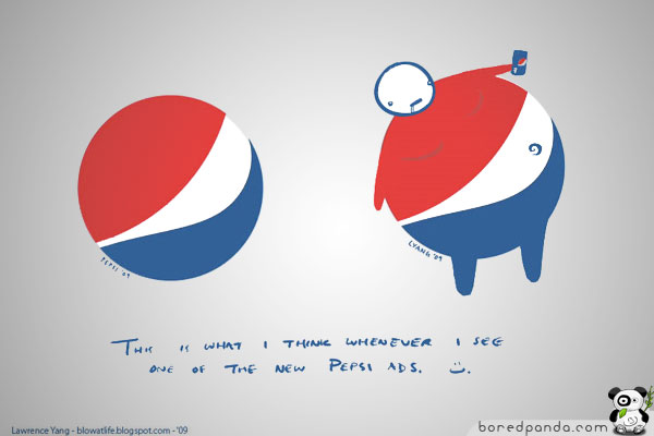 Parody of Pepsi logo, transformed into a character holding a soda can, illustrating logo design critique.